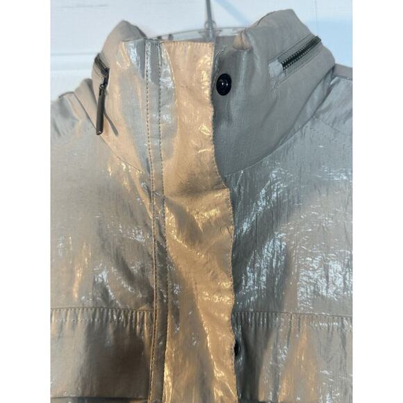 Chico's Metallic Shimmer Utility Jacket Womens Sz 2 (L) Champagne Hooded Hidden - Picture 6 of 15